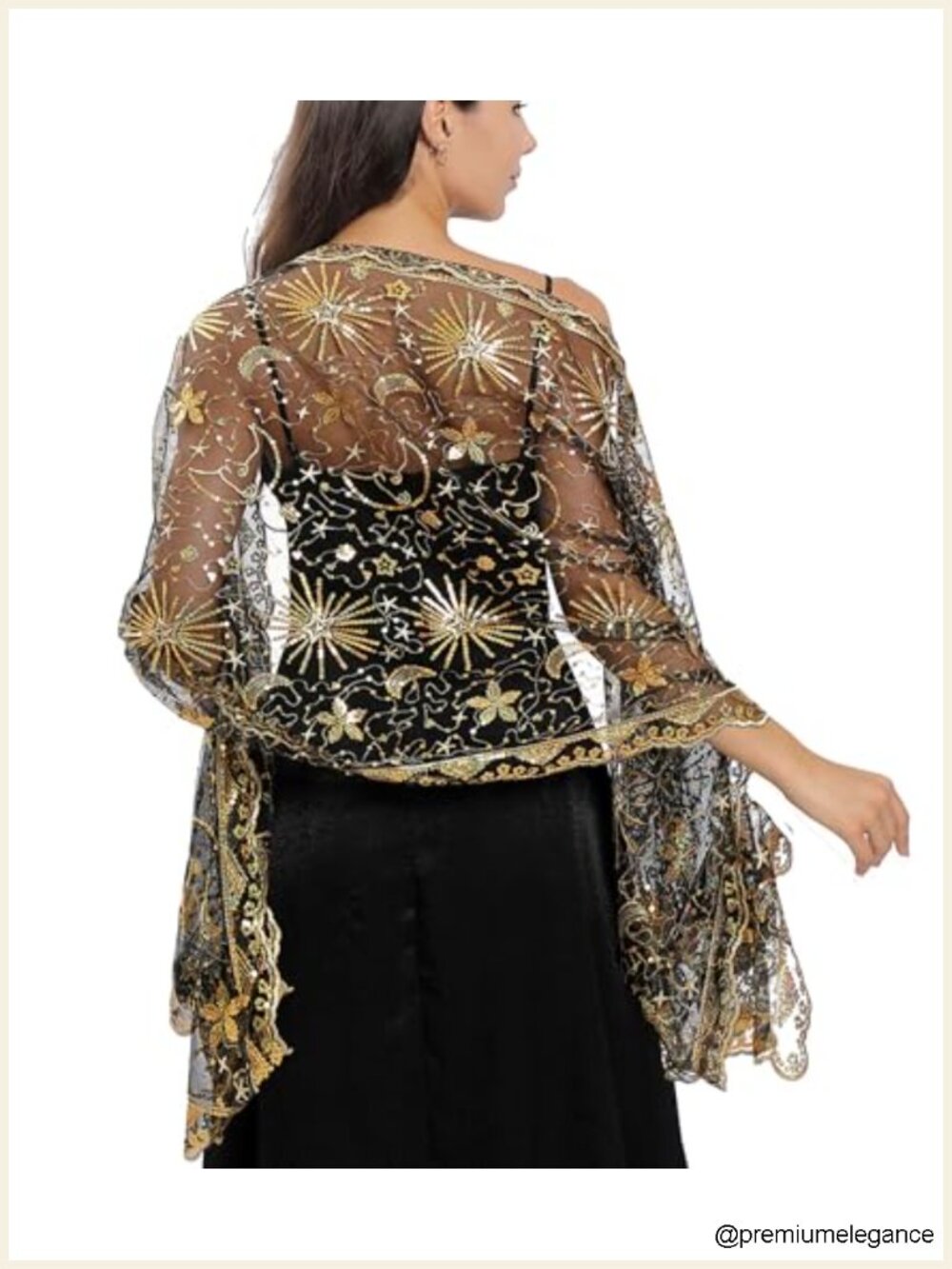 Sequin Lace Sheer Chiffon Shawl Wrap for Evening Dresses